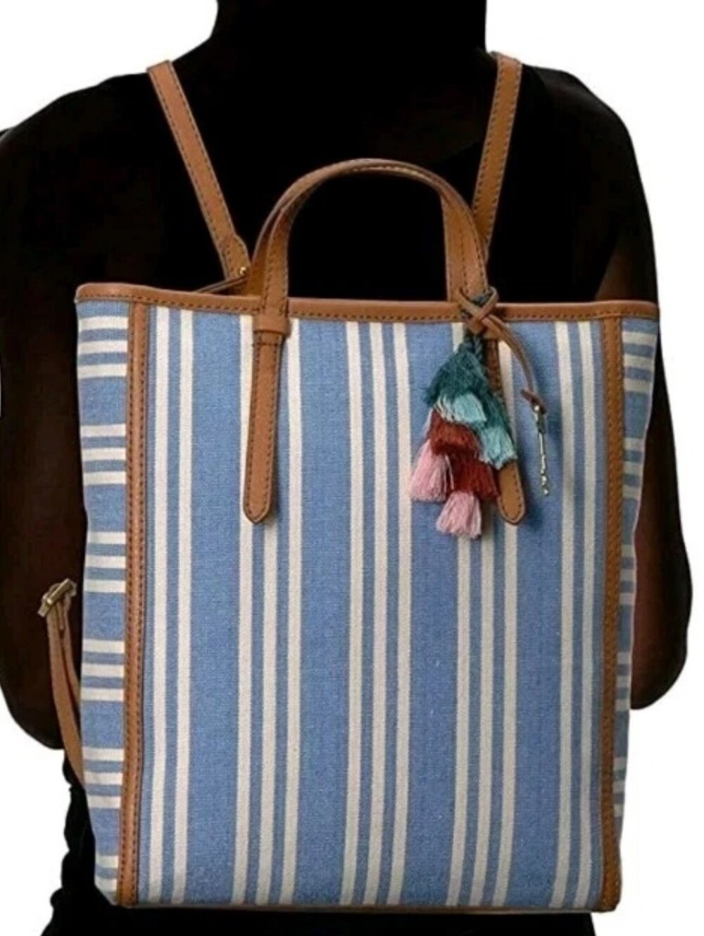 Fossil Camilla Tote Bag Backpack Blue White Striped Convertible Straps NWOT $198